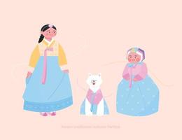 kostuums van de joseon dynastie. schattig meisjes met ornamenten Aan hun hoofden en een hond vervelend hanbok. vector