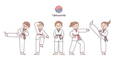 kinderen aan het doen divers bewegingen van taekwondo. vector