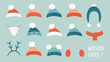 vector illustratie van winter hoofddeksels verzameling voor verkoudheid het weer. warm seizoensgebonden hoeden en sjaal, oorwarmers, de kerstman baard en hoed in Kerstmis stijl geïsoleerd Aan blauw achtergrond in vlak stijl