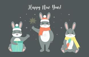vector reeks van zwart konijn in de kerstman hoed en sjaal met wortel. tekenfilm illustratie van een symbool van Chinese nieuw jaar 2023. konijn met geschenk doos en Bengalen brand. schattig verzameling van winter konijnen