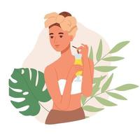 jong vrouw in zwempak met cocktail Aan vakantie. zomer strand kom tot rust Aan de zee. vector geïsoleerd illustratie Aan de wit achtergrond