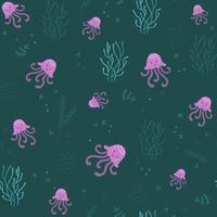 naadloos schattig gelei vis, zeewier en bubbels patroon. tekenfilm vector illustratie van zee en oceaan onderwater- wereld. ontwerp element voor geschenk wrap, textiel afdrukken of huis decor
