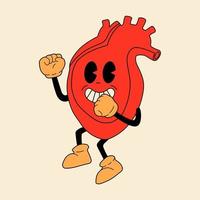 rood hart schattig mascotte met gelukkig gezicht in retro grappig stijl. gelukkig valentijnsdag dag reeks vector illustratie.