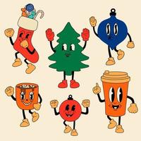 vrolijk Kerstmis retro verzameling tekenfilm mascotte karakters. sneeuwman, Kerstmis boom, sokken, kop ,bal vakantie elementen. oud animatie stijl. wijnoogst vector. vrolijk, gelukkig emoties. geïsoleerd vector