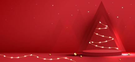 podium vorm voor tonen kunstmatig Product Scherm voor Kerstmis dag of nieuw jaar. staan Product vitrine Aan rood achtergrond met boom kerstmis. vector ontwerp.