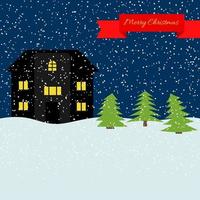 winter nacht met eenzaam huis en vallend sneeuw en een rood lint met de opschrift gelukkig kerstmis. vector illustratie.