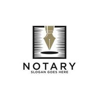 elegant notaris advocaat logo ontwerpen, gouden pen notaris met plein vorm vector illustraties