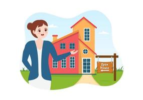 Open huis voor inspectie eigendom Welkom naar uw nieuw huis echt landgoed onderhoud in vlak tekenfilm hand- getrokken Sjablonen illustratie vector