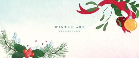 Kerstmis en waterverf winter botanisch bladeren achtergrond vector. decoratief hand- geschilderd pijnboom bladeren, hulst, BES, lint, maretak, snuisterij. ontwerp voor behang, omslag, uitnodiging kaart, poster. vector