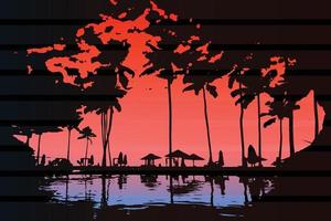 zomer tropisch strand achtergrond met palmen silhouet, lucht zonsopkomst en zonsondergang. zomer partij aanplakbiljet poster folder uitnodiging kaart. zomer, vector illustratie.