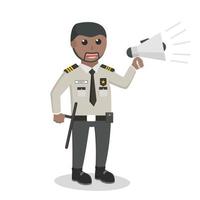 veiligheid Afrikaanse officier Holding megafoon ontwerp karakter Aan wit achtergrond vector