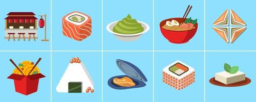 Japans voedsel verzameling. Aziatisch voedsel winkel set. ramen, tofu, rollen, sushi, onigiri, mossel en wasabi pictogrammen. Japans ramen op te slaan. Japans voedsel vector illustratie set. Aziatisch straat voedsel.