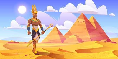 oude Egyptische god amun in woestijn met piramides vector