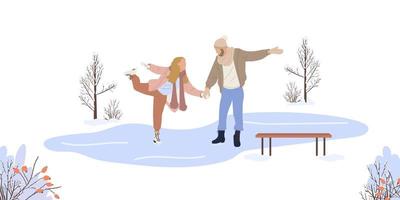 paar het schaatsen Aan een bevroren meer in winter geïsoleerd Aan de wit achtergrond. Mens en vrouw schaatsers Aan wintertijd vakantie. winter landschap. vlak vector illustratie.