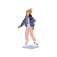 jong vrouw het schaatsen Aan buitenshuis ijs baan. meisje uitgeven vrije tijd tijd aan het doen winter sport. vector illustratie geïsoleerd Aan wit achtergrond