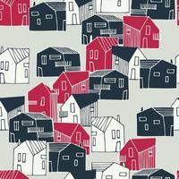 naadloos patroon met stadsgezicht in kleur van de jaar, viva magenta. woon- wijk. klein huizen in stedelijk, buitenwijk of platteland landschap voor oppervlakte ontwerp en andere ontwerp projecten vector