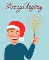 een ansichtkaart met een jongen in een de kerstman claus hoed, Holding een sterretje in zijn hand, en de opschrift vrolijk kerstmis. vector