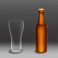 bruin fles met bier en leeg hoog glas vector