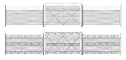 weerhaak draad schutting, rooster met poort. drie segmenten vector