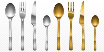 3d bestek gouden en zilver vork, mes en lepel vector