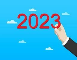 zakenman hand- met 2023 nummer. bedrijf doelwit succes, nieuw jaar 2023 investering doel, afzet uitdaging, financieel strategie, doel prestatie, focus idee, zakelijke communiceren concept. vector