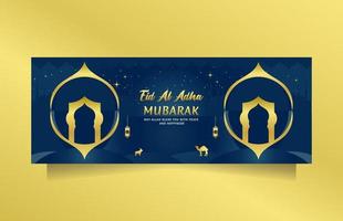 luxe eid al adha groet voor sociaal media post en banier met blauw goud kleur. vector illustratie Islamitisch achtergrond met mooi en uniek moskee ontwerp