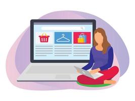 vrouw zoeken producten in online boodschappen doen website illustratie. vector