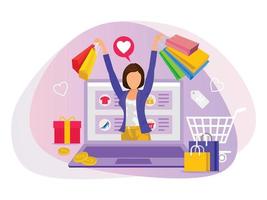 vrouw met boodschappen doen Tassen in haar hand- aan het doen online boodschappen doen illustratie. vector