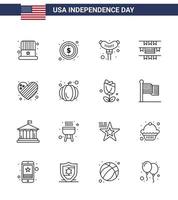 pak van 16 Verenigde Staten van Amerika onafhankelijkheid dag viering lijnen tekens en 4e juli symbolen zo net zo liefde vlag voedsel Amerikaans partij decoratie bewerkbare Verenigde Staten van Amerika dag vector ontwerp elementen