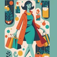 modieus vrouw boodschappen doen draag- Tassen. concept van boodschappen doen verslaving, shopaholic vector vlak stijl illustratie