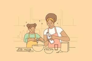 Koken samen en uitgeven tijd met kinderen concept. jong glimlachen mooi Afrikaanse Amerikaans vrouw moeder en haar dochter Koken in keuken samen menging ingrediënten vector illustratie