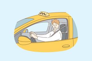 taxi bestuurder beroep gedurende werk concept. jong glimlachen knap Mens taxi bestuurder zittend in geel auto en op zoek van venster gedurende baan vector illustratie