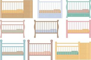 een groot reeks van kinderbedjes in verschillend kleuren. houten baby kinderbedjes met matrassen en kussens. verzameling van wiegjes voor kinderen in tekenfilm stijl. vector illustratie