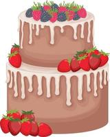 een groot twee verdiepingen taart. een groot taart gegoten met botercrème en versierd met aardbeien en aardbeien. zoet nagerecht, vector illustratie geïsoleerd Aan een wit achtergrond