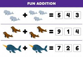 onderwijs spel voor kinderen pret toevoeging door Raad eens de correct aantal van schattig tekenfilm beluga walrus narwal afdrukbare onderwater- werkblad vector