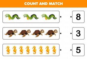onderwijs spel voor kinderen tellen de aantal van schattig tekenfilm paling schildpad zeepaardje en bij elkaar passen met de Rechtsaf getallen afdrukbare onderwater- werkblad vector
