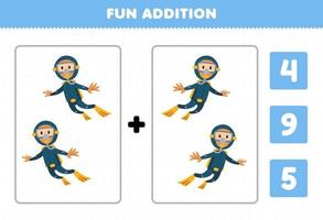 onderwijs spel voor kinderen pret toevoeging door tellen en Kiezen de correct antwoord van schattig tekenfilm duiker afdrukbare onderwater- werkblad vector