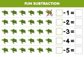 onderwijs spel voor kinderen pret aftrekken door tellen schattig tekenfilm schildpad in elk rij en elimineren het afdrukbare onderwater- werkblad vector