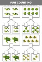 onderwijs spel voor kinderen pret tellen afbeelding in elk doos van schattig tekenfilm paling schelp schildpad piranha afdrukbare onderwater- werkblad vector