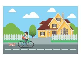 vlak illustratie van fietsen wandelen door huizen met vrienden en familie. vector illustratie geschikt voor diagrammen, infografieken, en andere grafisch middelen