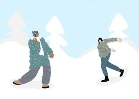 paar mensen Speel sneeuwballen pret spel in winter sneeuw landschap vector illustratie. tekenfilm vriend tekens spelen buitenshuis, genieten van vorst verkoudheid het weer.