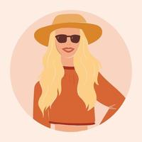 vlak vector illustratie van een vrolijk modern modieus meisje. sterk mooi onafhankelijk vrouw gekleed in elegant kleren. portret van een blond met lang haar- in een hoed en zonnebril.