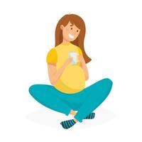 vector tekenfilm illustratie. schattig vrolijk zwanger vrouw met kort haar. een jong meisje met een glimlach zit met haar poten gekruiste met een kop van thee of koffie. ochtend- routine.