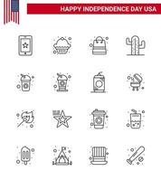 modern reeks van 16 lijnen en symbolen Aan Verenigde Staten van Amerika onafhankelijkheid dag zo net zo drinken fles geld Amerikaans Verenigde Staten van Amerika bewerkbare Verenigde Staten van Amerika dag vector ontwerp elementen