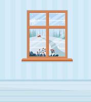 in winter landschap venster. vlak tekenfilm stijl vector illustratie.