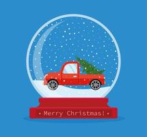 Kerstmis sneeuw wereldbol met auto. vrolijk kerstmis. vieren nieuw jaar en kerstmis. vector illustratie in vlak stijl