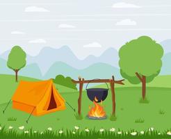 camping met een tent in natuur met een brand. vector illustratie in vlak stijl