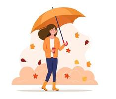herfst landschap. de meisje gaat onder een paraplu. herfst achtergrond. vector illustratie in vlak stijl.