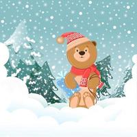 een nieuw jaar, fantastisch winter Woud met Kerstmis bomen, vallend sneeuw, sneeuw drijft en een beer zittend Aan de sneeuw in een rood hoed en sjaal met een geschenk. nieuw jaar kinderen illustratie vector