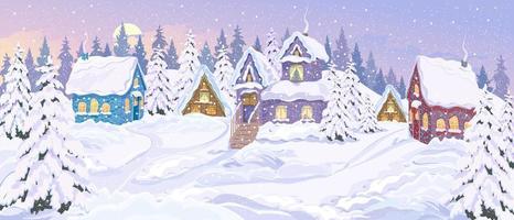 winter landschap. schattig dorp huizen Aan met sneeuw bedekt heuvels. Spar bomen gedekt met sneeuw, sneeuw paden. panorama van de winter dorp landschap. winter vakantie dag. de concept van Kerstmis vector